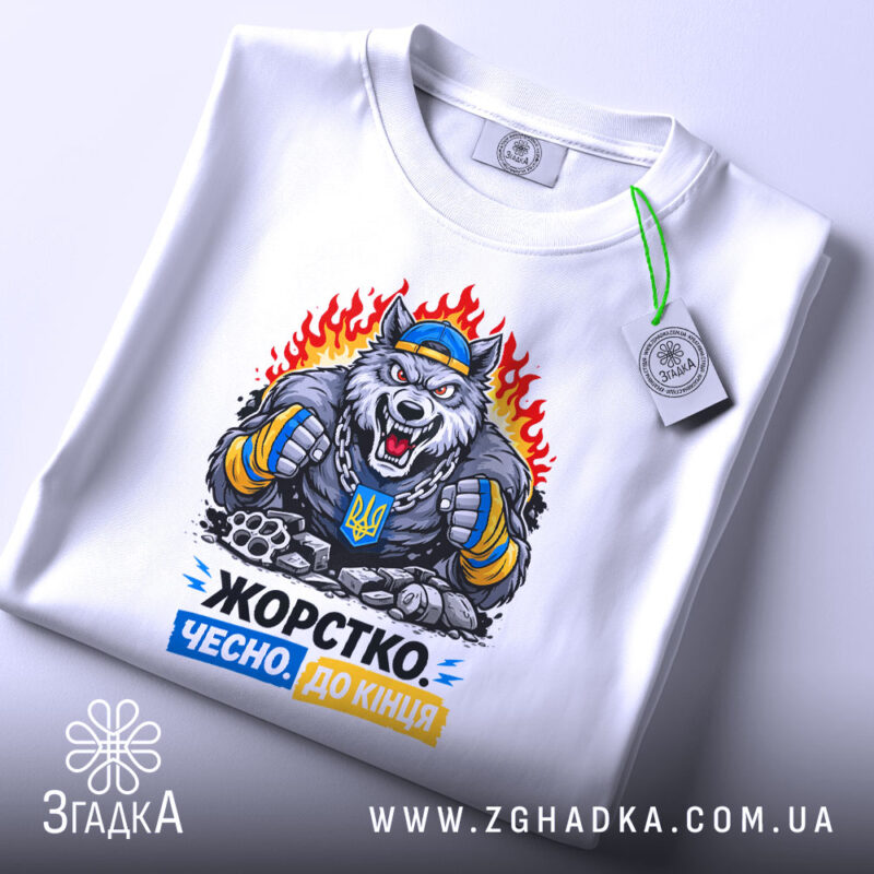 Футболка жорстко чесно до кінця, біла, зображена зверху, фон світло-сірий, принт з ведмедем у спортивному одязі, що тримає кулаки, з написом 'Жорстко. Чесно. До кінця' у кольорах синьому та жовтому, на футболці є етикетка.