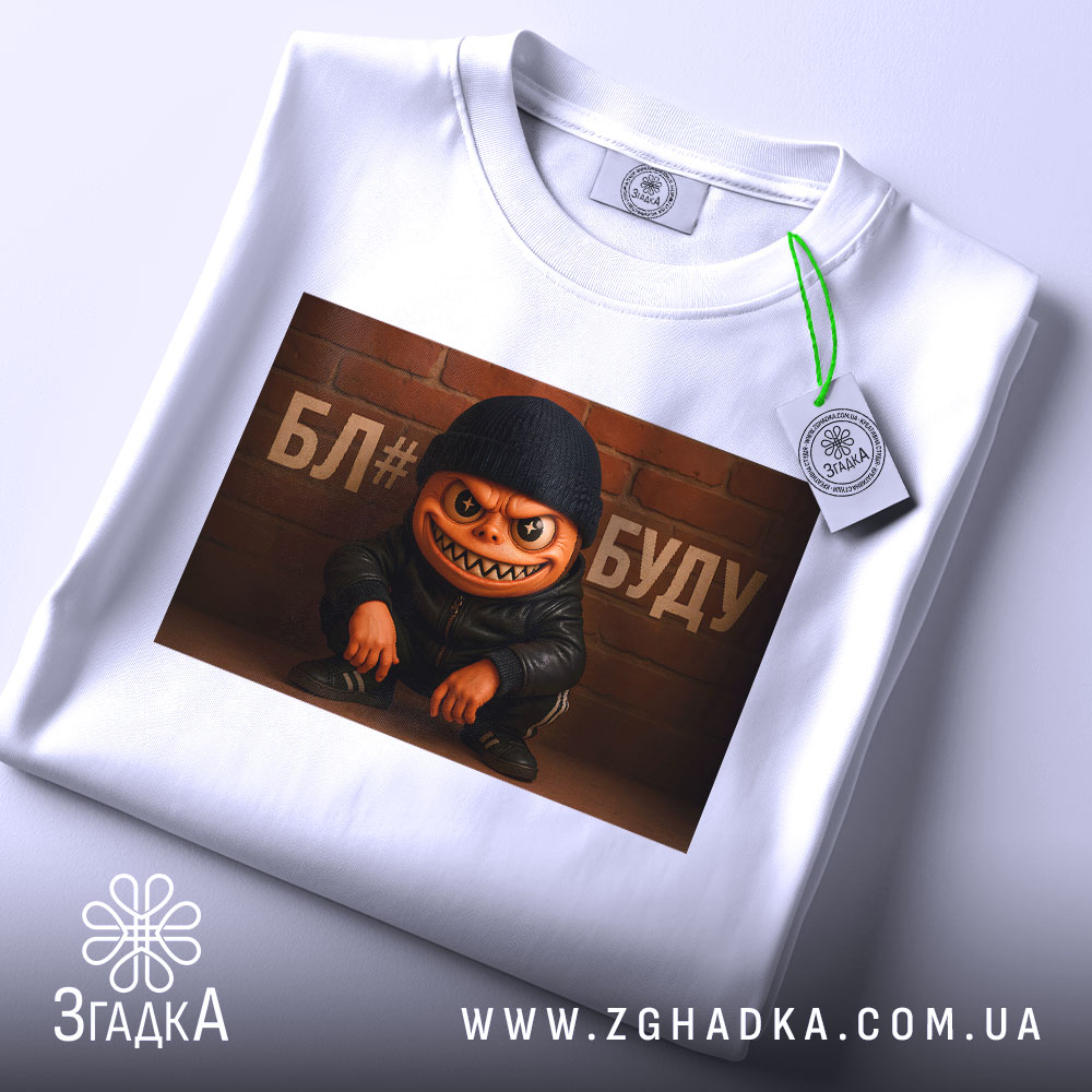 Футболка злий персонаж, біла, зображена зверху, фон світлий, принт з злим персонажем у чорній шапці та куртці, текст на фоні, з етикеткою.