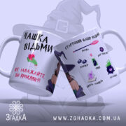 Чашка для справжньої відьми, біла з двох сторін, ракурс зліва, фон світло-фіолетовий, принт з написами "ЧАШКА ВІДЬМИ" та "НЕ ЗАВАЖАЙТЕ, БО ПРОКЛЯТТЯ!", ручка кругла, край рівний, матова поверхня.