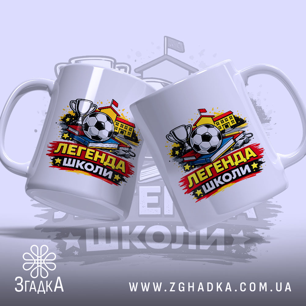 Чашка футболіста Легенда школи — крупний план ручки та краю чашки, глянець.