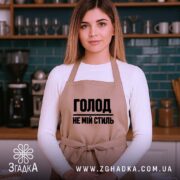 Фартух голод не мій стиль. Бежевий фартух, зображений на жінці, яка стоїть у кухні. Фон темно-зеленого кольору з кухонними приладами. Принт чорного кольору з написом 'ГОЛОД НЕ МІЙ СТИЛЬ'.