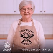 Фартух я вас курва нагодую, бежевого кольору, зображений на манекені, фон світлий, принт з черепом та кухонними приладами чорного кольору.