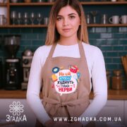 Фартух на цій кухні бежевого кольору, зображений на жінці з довгим волоссям, фон темно-зелений з дерев'яними полицями, принт містить текст "На цій кухні худнуть тільки нерви" з ілюстраціями кухонного приладдя.