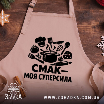 Фартух смак моя суперсила — фартух, крупний план принта, студійне освітлення.