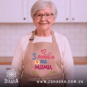 Фартух з любов’ю мами, бежевого кольору, зображений на манекені, фон світлий, принт з написом 'З любов’ю від мами' у яскравих кольорах з сердечками та квітами.