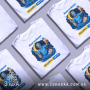 Футболка анестезіолог, біла, зображена на манекені, фон світло-сірий, принт з черепом в масці, який тримає шприц і крапельницю, на фоні місяць і зірки, текст "Анестезіолог. Моя робота – твій сон."