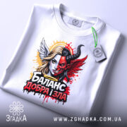 Футболка баланс добра зла, біла, з верхнього ракурсу, на столі, фон світло-сірий, принт з зображенням дівчини з ангельськими і дияволячими елементами, яскраві кольори, червоний, чорний, жовтий, з етикеткою зеленого кольору.