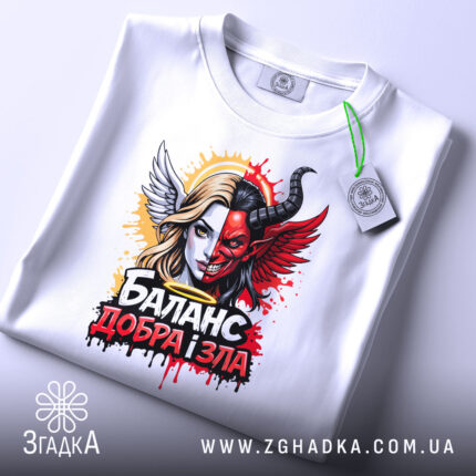 Футболка баланс добра зла, біла, з верхнього ракурсу, на столі, фон світло-сірий, принт з зображенням дівчини з ангельськими і дияволячими елементами, яскраві кольори, червоний, чорний, жовтий, з етикеткою зеленого кольору.
