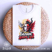 Футболка баланс добра зла, біла, з верхнього ракурсу, на плетеній основі, фон світло-сірий, принт з зображенням дівчини з ангельськими і дияволячими елементами, яскраві кольори, червоний, чорний, жовтий.