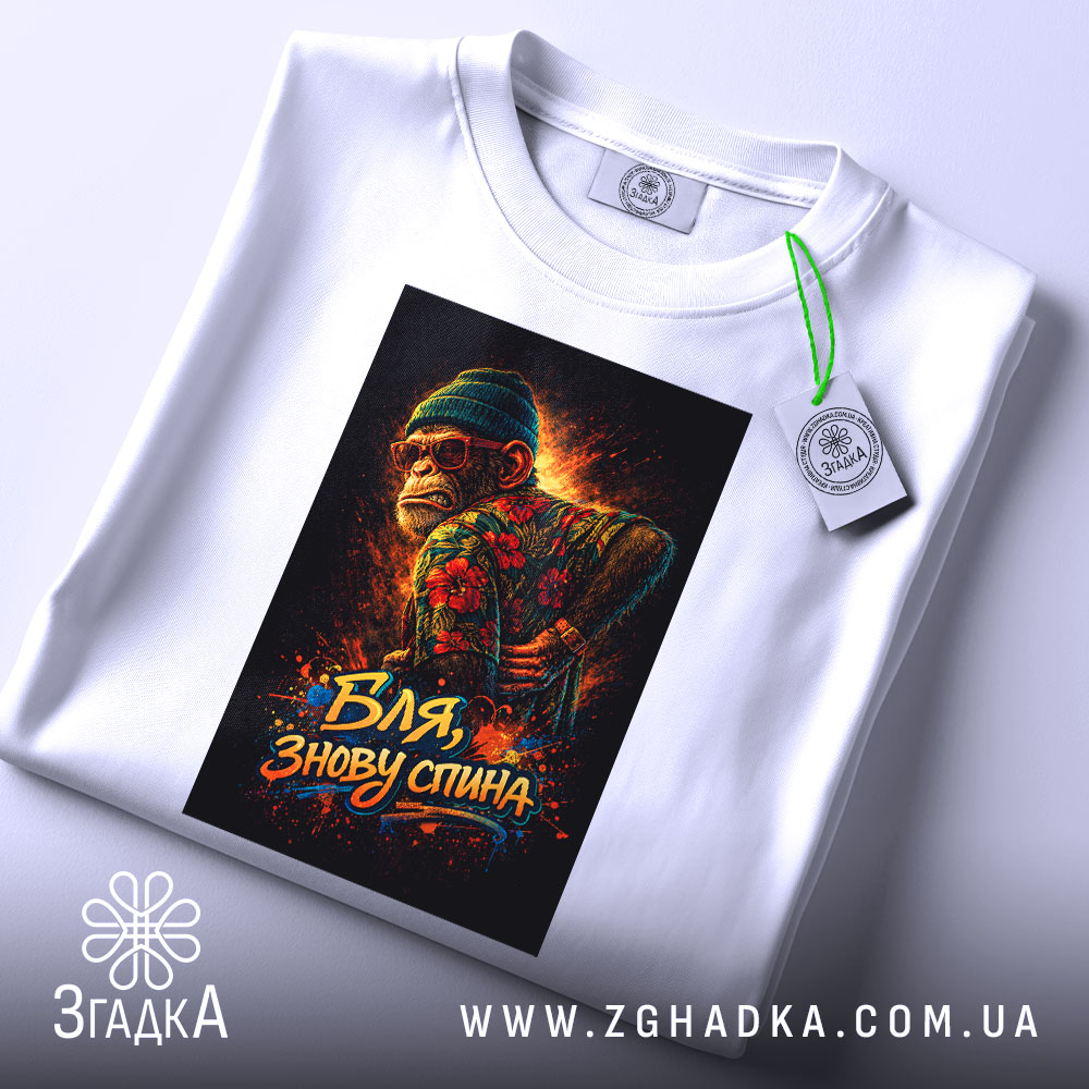 Футболка бля знову спина, біла, зображена на столі, фон світло-сірий, принт з малюнком мавпи в шапці та сонцезахисних окулярах, яскраві кольори, текст "Бля, знову спина", на футболці є етикетка.