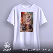 Футболка бунтарка стімпанк, біла, підвішена на вішалці, зображення моделі сидить на коробці в стімпанк-інтер'єрі, фон з червоними і зеленими елементами, деталі принта включають шолом і годинник на підлозі.