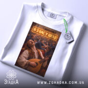 Футболка я з вас у шоці. Біла футболка, складена на поверхні, з принтом чоловіка, що грає на бандурі. На фоні видно людей у залі, текст 'Я З ВАС У ШОЩ!' виділяється яскраво.