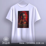 Футболка крок уперед. Біла футболка з коротким рукавом, зображення спереду показує воїна в шоломі на червоному фоні, текст під зображенням: 'Крок уперед – і досягти слави', фон сірий.