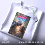 Футболка любов рятує світ, біла, складена на поверхні, фон світлий, принт з романтичною сценою лицаря та жінки, текст 'Любов рятує світ' вгорі, з етикеткою на комірці.