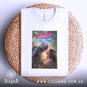 Футболка любов рятує світ, біла, складена на плетеній кошику, фон нейтральний, принт з романтичною сценою лицаря та жінки, текст 'Любов рятує світ' вгорі.