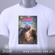 Футболка любов рятує світ, біла, складена на поверхні, фон світлий, принт з романтичною сценою лицаря та жінки, текст 'Любов рятує світ' вгорі, з етикеткою на комірці.