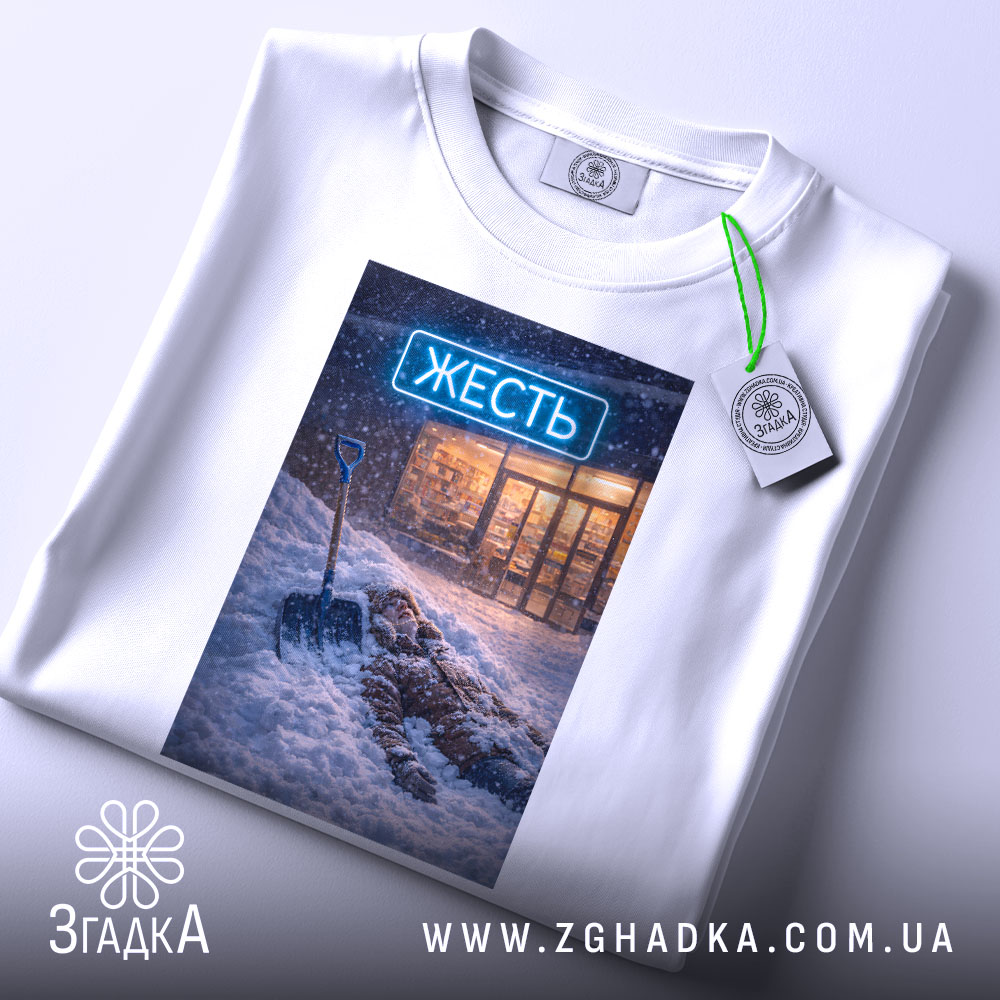 Футболка міська жесть, біла, складена на столі, фон світло-сірий, принт з зображенням людини, що лежить у снігу з лопатою, на фоні магазину з неоновим написом 'ЖЕСТЬ', на футболці є етикетка з зеленим шнурком.