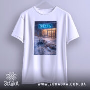 Футболка міська жесть, біла, підвішена на вішалці, фон світло-сірий, принт з зображенням людини, що лежить у снігу з лопатою, на фоні магазину з неоновим написом 'ЖЕСТЬ'.