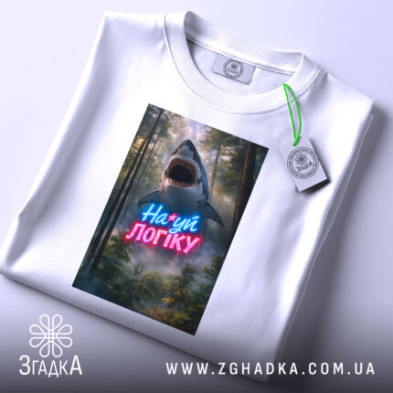 Футболка на*уй логіку, біла, складена на столі, фон світлий, принт з акулами та написом у неонових кольорах, з етикеткою.