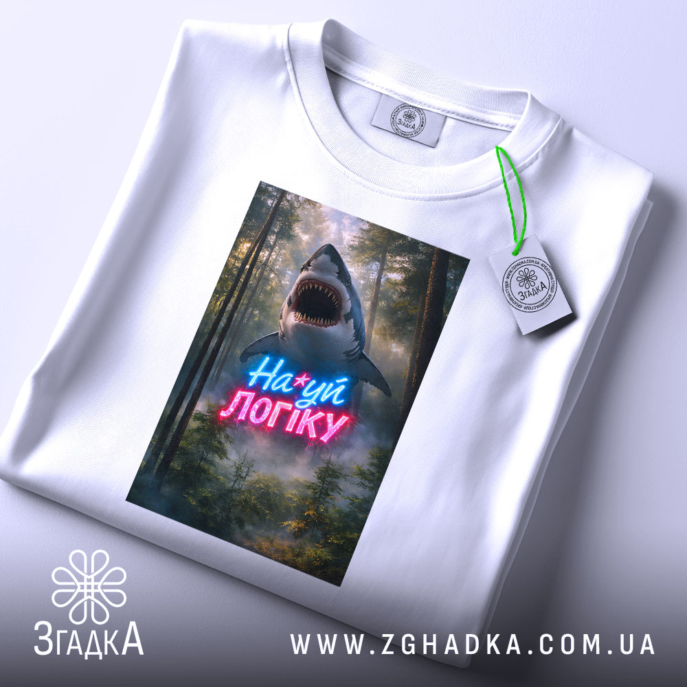 Футболка на*уй логіку, біла, складена на столі, фон світлий, принт з акулами та написом у неонових кольорах, з етикеткою.