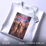 Футболка навколо хаос. Біла футболка, складена на поверхні, з принтом, що зображує пару в обіймах на фоні міста. Принт яскравий, з червоним і блакитним текстом, що читається: 'Навколо хаос. Між нами — спокій.' На футболці є етикетка з зеленим шнурком.