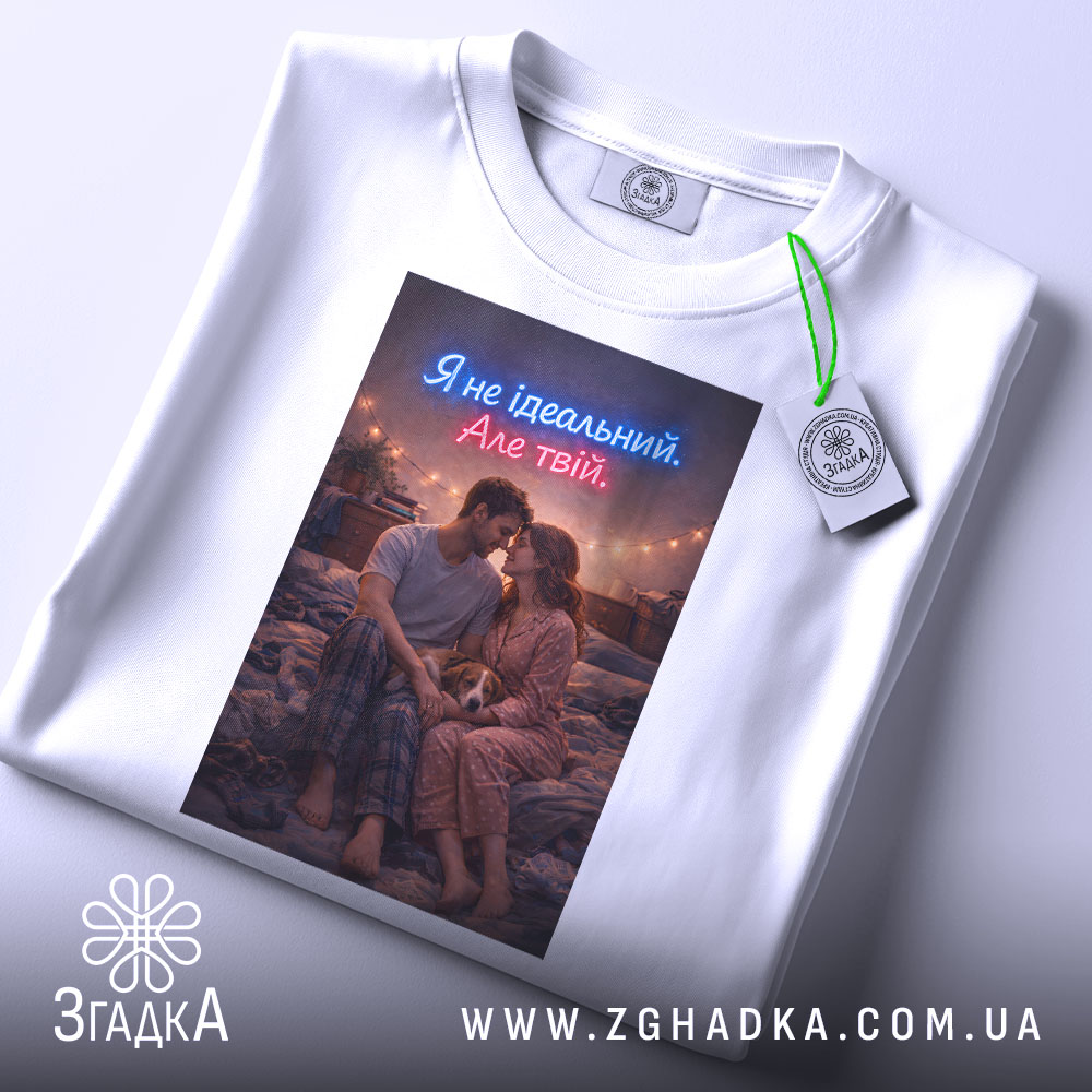 Футболка не ідеальний але твій. Біла футболка, складена на столі, з принтом пари, що сидить на ліжку, з підсвічуванням у вечірній атмосфері.