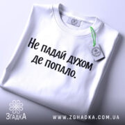 Футболка не падай духом, білого кольору, складена на поверхні, фон світло-сірий, принт чорного кольору з текстом 'Не падай духом де попало.', на комірці видно етикетку.