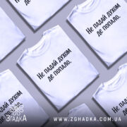 Футболка не падай духом, білого кольору, зображена з близького ракурсу на манекені, фон світло-сірий, принт чорного кольору з текстом 'Не падай духом де попало.'
