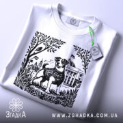 Футболка пес Патрон білого кольору, зображена з верхнього ракурсу, фон світлий, на футболці видно принт з чорно-білим зображенням собаки Патрона, а також етикетка з зеленим шнурком.