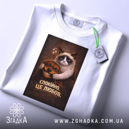 Футболка спокійно це любов. Біла футболка, складена на поверхні, з принтом кота і собаки, фон світлий, присутня етикетка з зеленим шнурком.