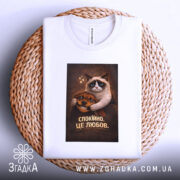 Футболка спокійно це любов. Біла футболка, складена на плетеній кошику, з принтом кота і собаки, фон світлий, текст на принті добре видно.