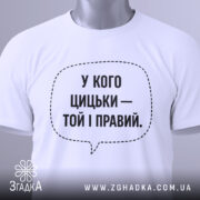 Футболка у кого цицьки, білого кольору, зображена зверху на столі, фон світло-сірий, принт чорного кольору з текстом у формі діалогового вікна, на комірці видна етикетка.