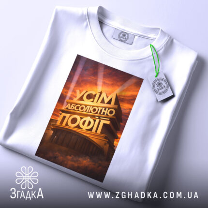 Футболка усім абсолютно пофіг. Біла футболка, зображена з верхнього ракурсу, принт на футболці з написом 'УСІМ АБСОЛЮТНО ПОФІГ', фон світлий, на футболці є етикетка з зеленим шнурком.