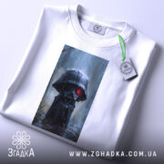 Футболка володар тіні, білого кольору, зображена на столі, ракурс зверху, фон світлий, принт з персонажем у чорному капюшоні з червоними очима, на футболці є етикетка з зеленим шнурком.