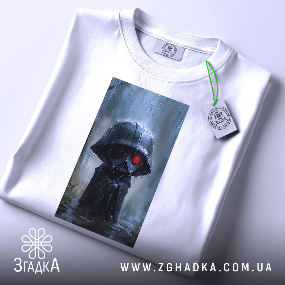 Футболка володар тіні, білого кольору, зображена на столі, ракурс зверху, фон світлий, принт з персонажем у чорному капюшоні з червоними очима, на футболці є етикетка з зеленим шнурком.