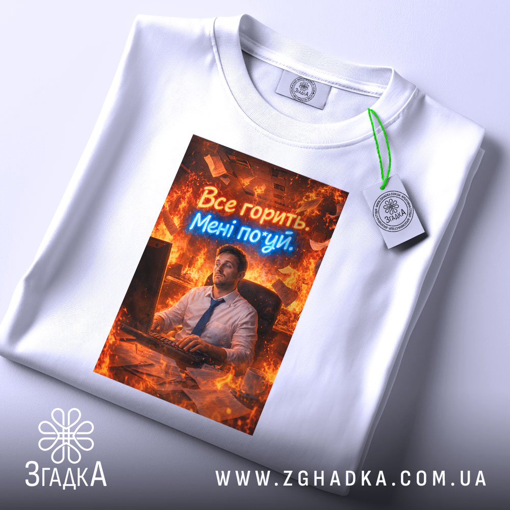 Футболка все горить. Біла футболка, складена на поверхні, з принтом, що зображує чоловіка за комп'ютером в офісі, оточеного вогнем. Текст "Все горить. Мені по*уй" виконаний у яскравих кольорах.