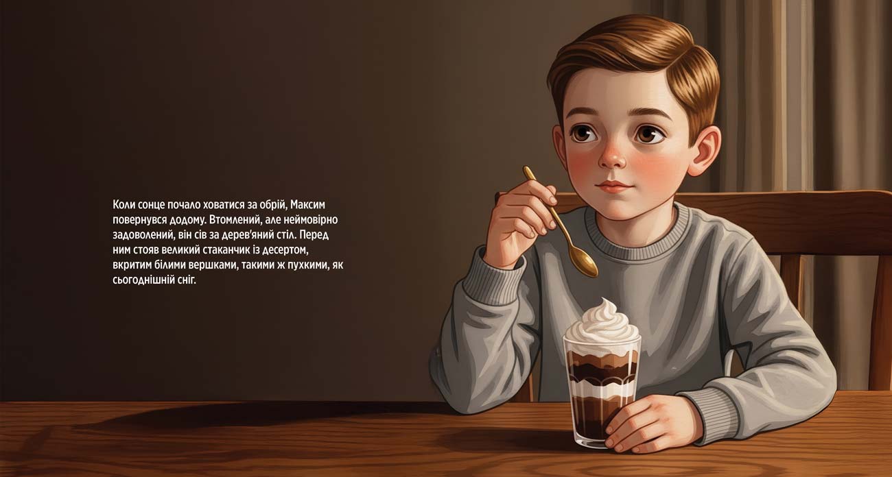 менна книга сторінка 10 — Іменна книга, Максим сидить за столом і їсть десерт зі збитими вершками після пригод.