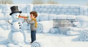 Іменна книга сторінка 6 — Іменна книга, хлопчик та сніговик стоять біля великої снігової фортеці.