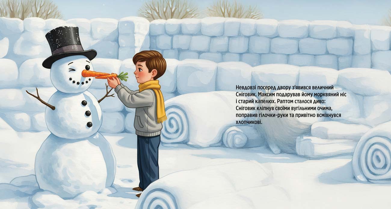 Іменна книга сторінка 6 — Іменна книга, хлопчик та сніговик стоять біля великої снігової фортеці.