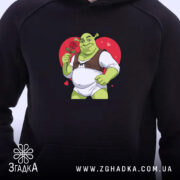 Худі Шрек з трояндою — худі, крупний план принта на нейтральному фоні.