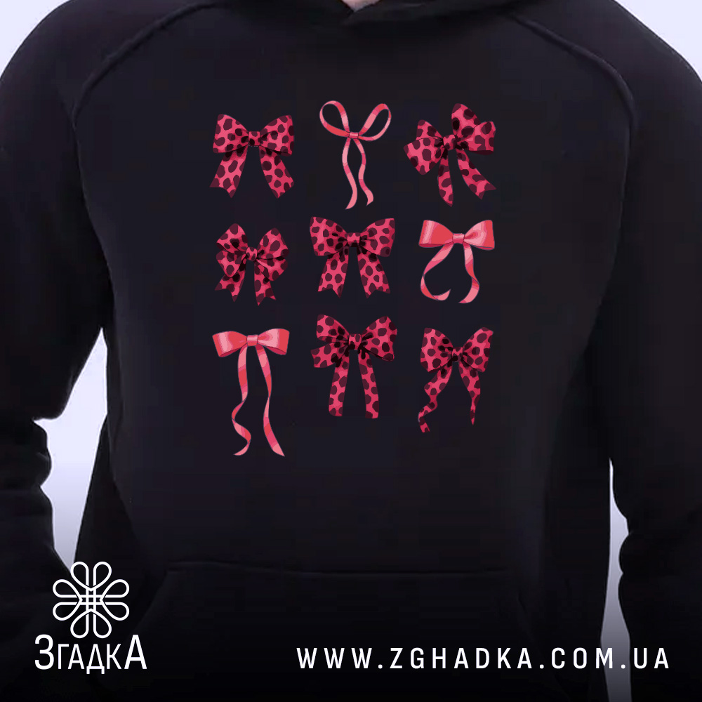 Худі з рожевими бантами — худі, крупний план принта на нейтральному фоні.