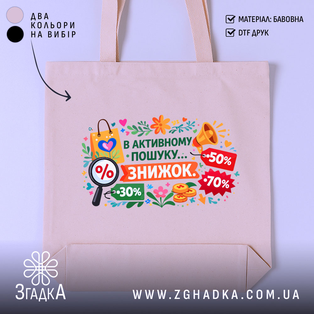 Шопер активного пошуку знижок — шопер на манекені, вид спереду з чітким принтом.