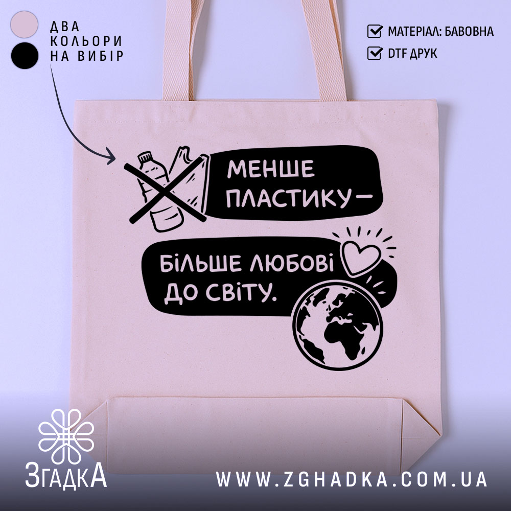 Шопер менше пластику — шопер на манекені, вид спереду з чітким принтом.