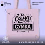 Шопер та сама сумка — шопер на манекені, вид спереду з чітким принтом.