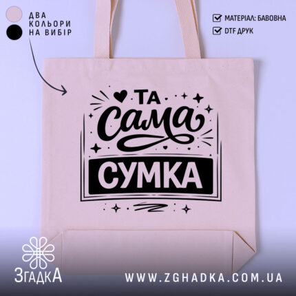 Шопер та сама сумка — шопер на манекені, вид спереду з чітким принтом.