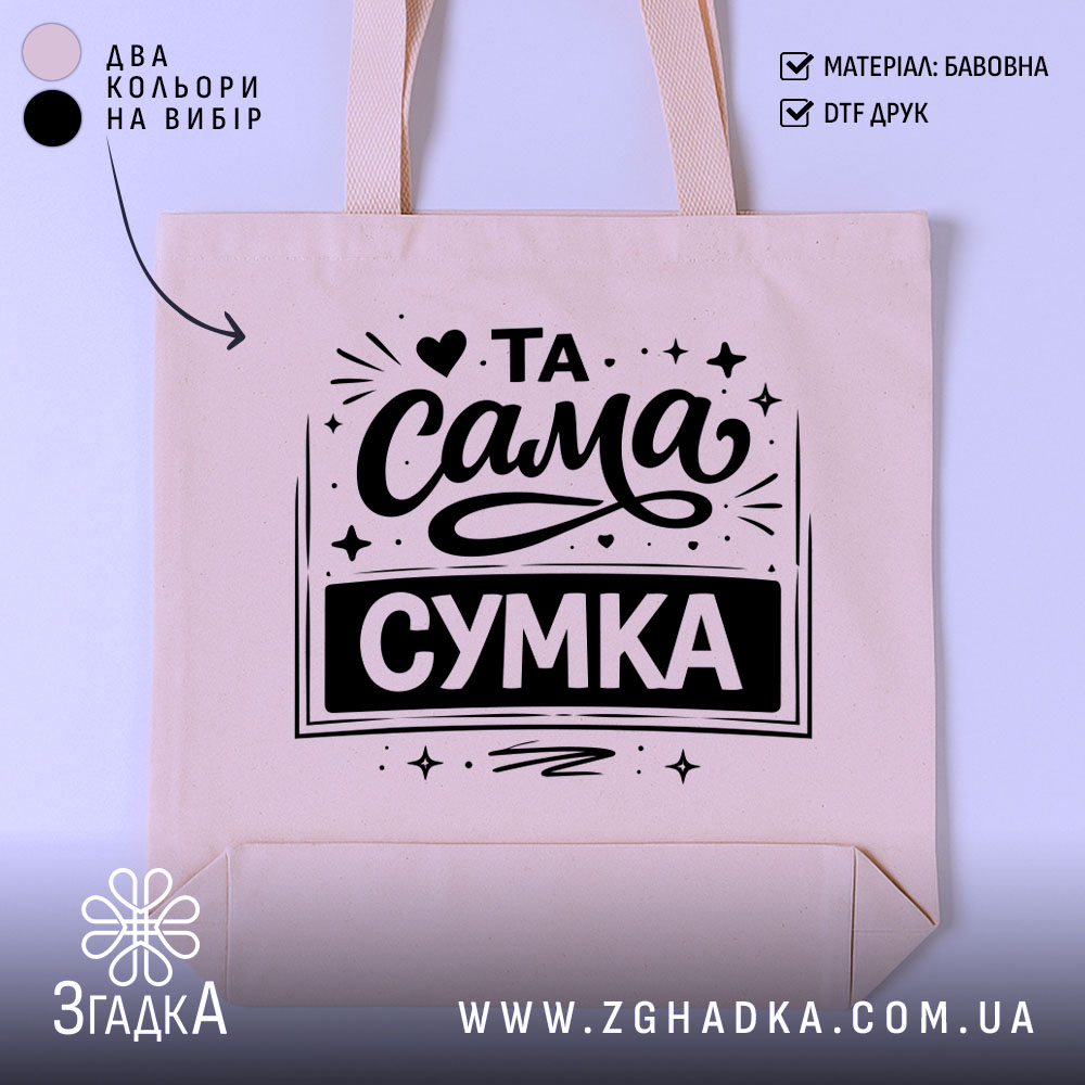 Шопер та сама сумка — шопер на манекені, вид спереду з чітким принтом.