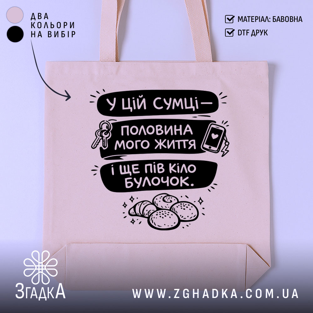 Шопер у цій сумці — шопер на манекені, вид спереду з чітким принтом.