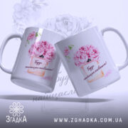 Чашка для подарунку на свято, дві білих чашки з однаковим принтом, зображення квітів і написом "Будь найщасливішою!", ручки класичні, краї рівні, глянцеве покриття, фон світлий з легким малюнком квітів.