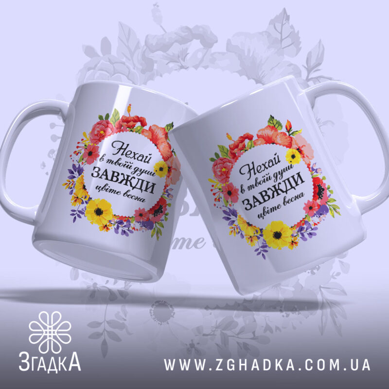 Чашка подарунок до 8 березня — крупний план ручки та краю чашки, глянець.