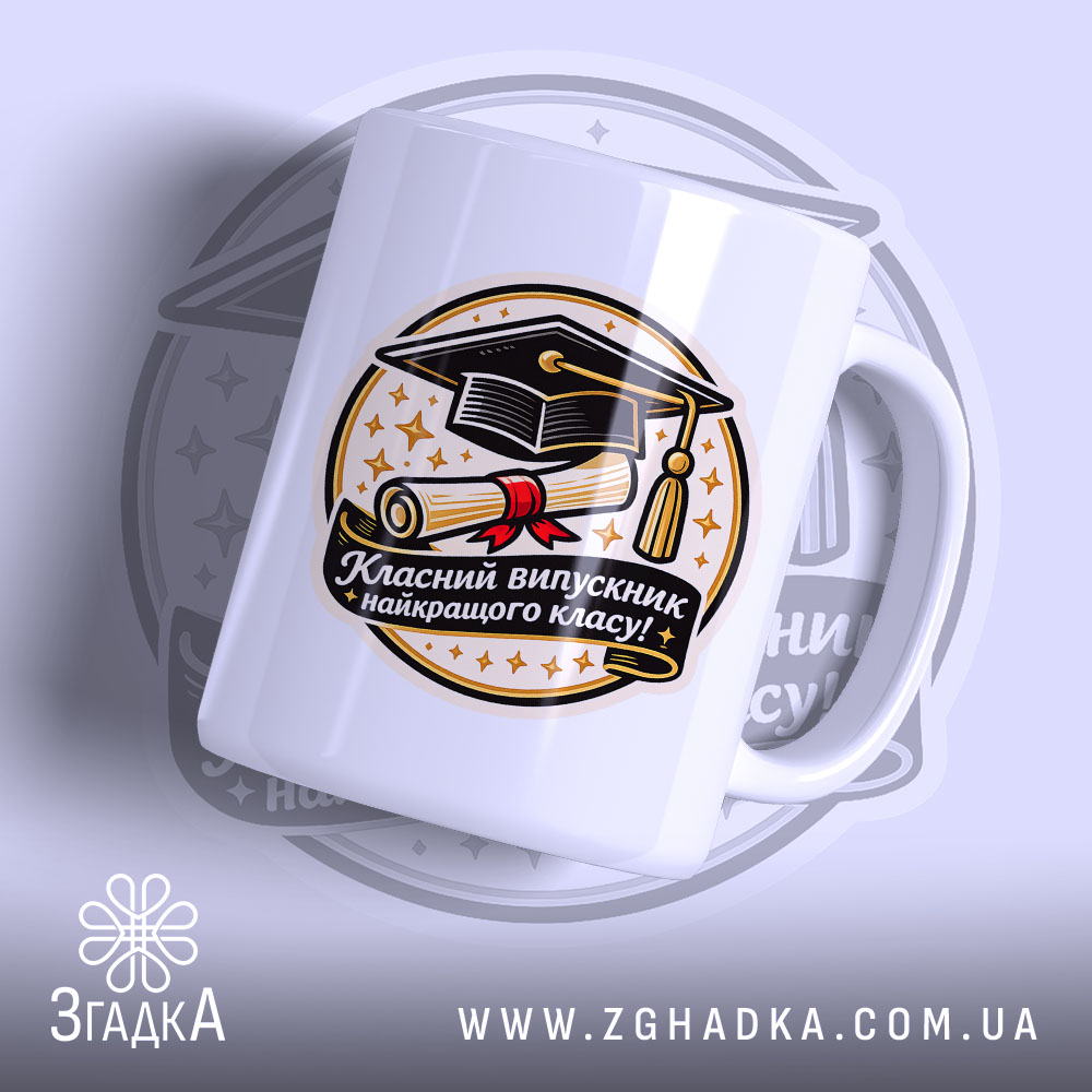 Чашка сувенір на випускний, біла, зображена в ракурсі зліва, на фоні світло-фіолетового кольору, принт містить зображення диплома та капелюха випускника, напис чорного кольору, ручка класична, край рівний, глянцева поверхня.